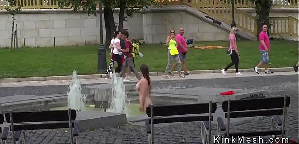  Huge tits slave bath in public fountain